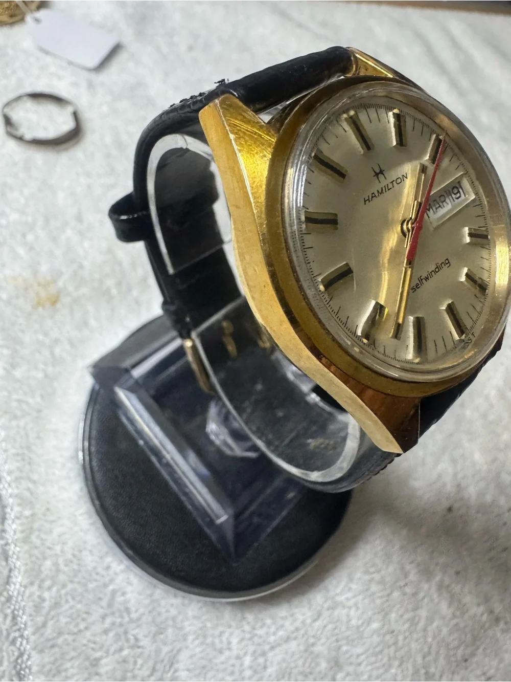 #203 Hamilton Gold-Tone Men's Watch with Black Strap and Red Seconds Hand